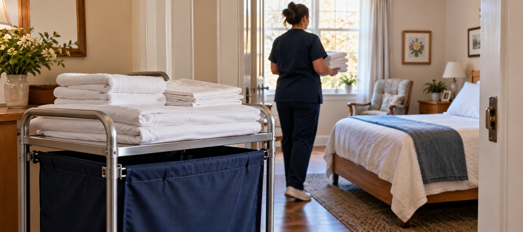 Caregiver carrying linens past a cart in a resident room