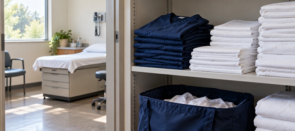 Folded scrubs and linens on a shelf beside an exam room