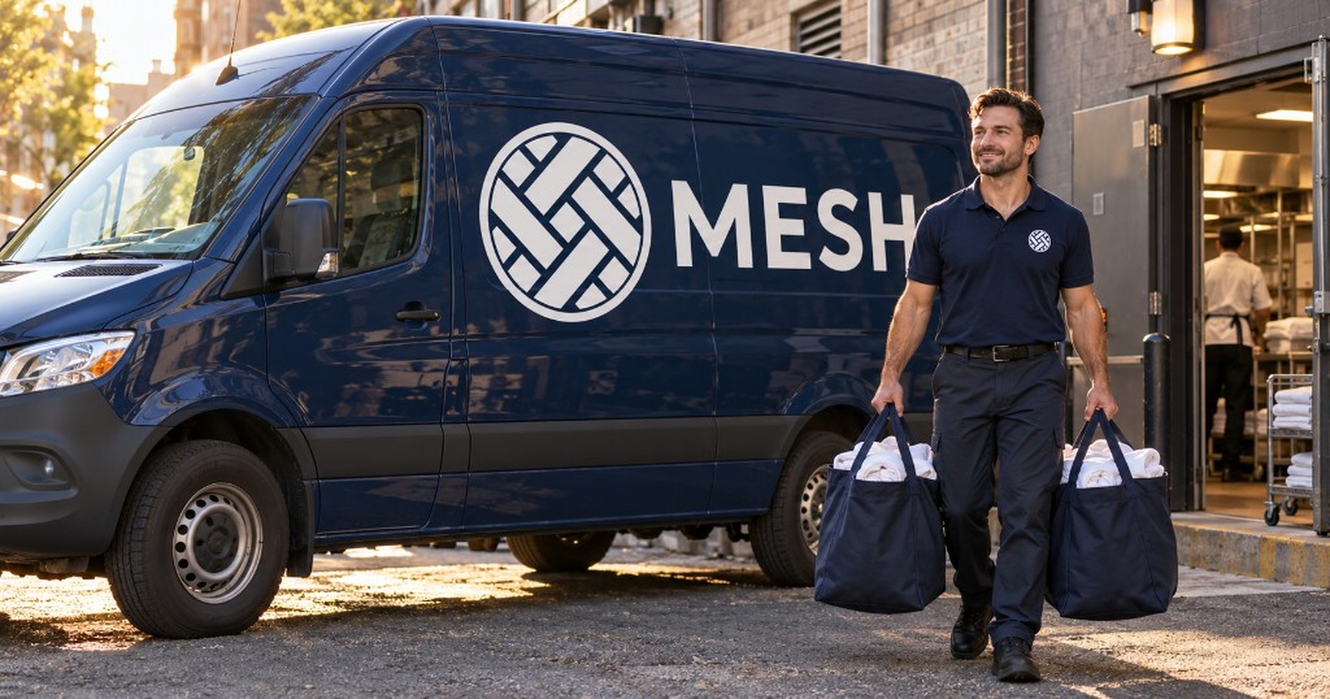 Mesh driver carrying laundry bags beside a navy Mesh van at a restaurant