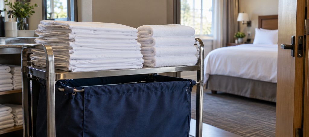 Folded hotel towels on a housekeeping cart outside a guest room