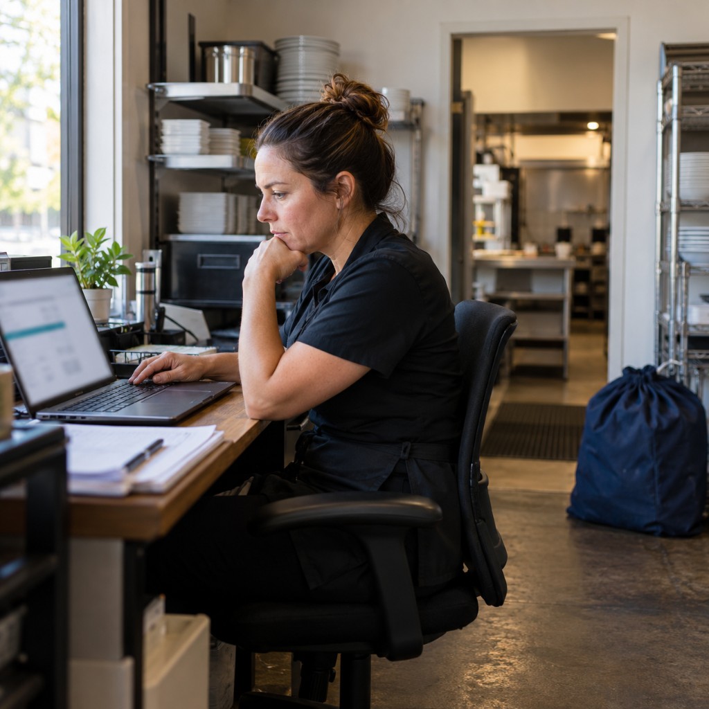 Manager at a laptop in a restaurant office, with a laundry bag on the floor.