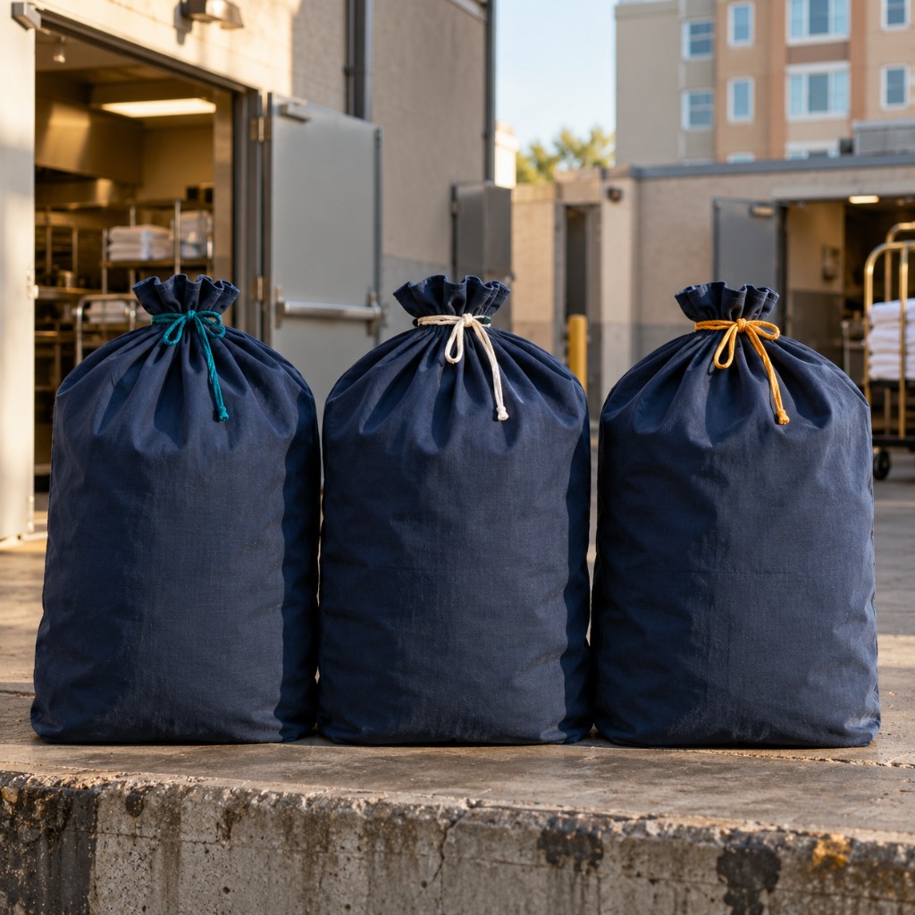 Three navy laundry bags tied with teal, white, and amber cords on a loading dock.