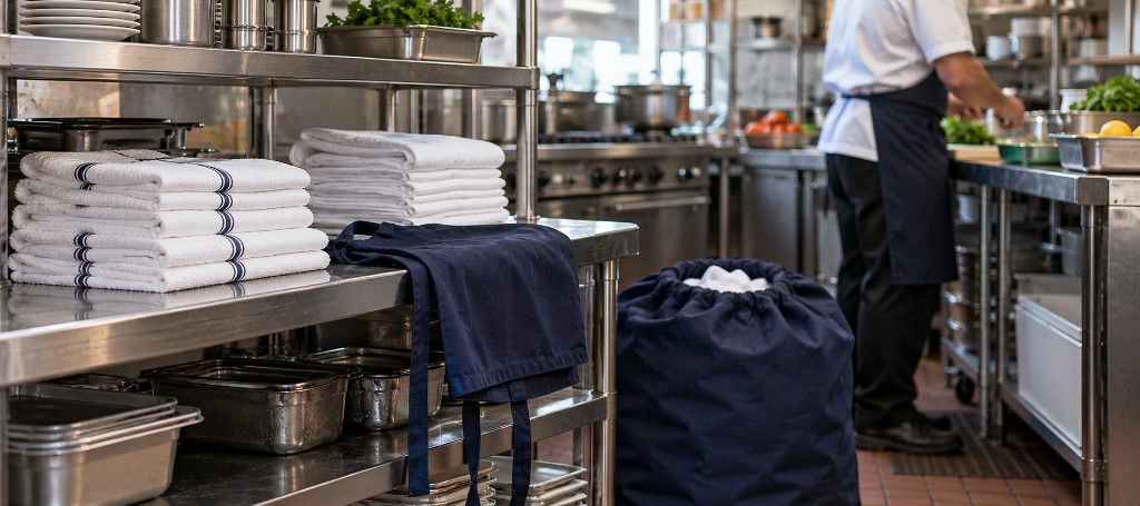 Kitchen towels, a navy apron, and a laundry bag on a prep line