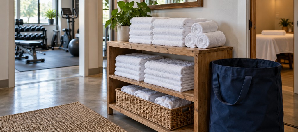 Stacked towels beside a gym and a treatment room