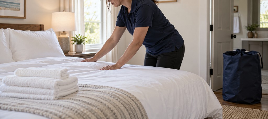 Housekeeper smoothing a made bed, with folded towels and a navy laundry bag