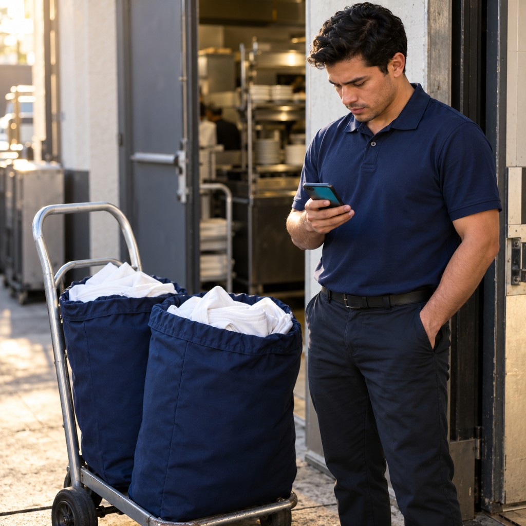 Driver checking a phone beside two laundry bags at a restaurant door.